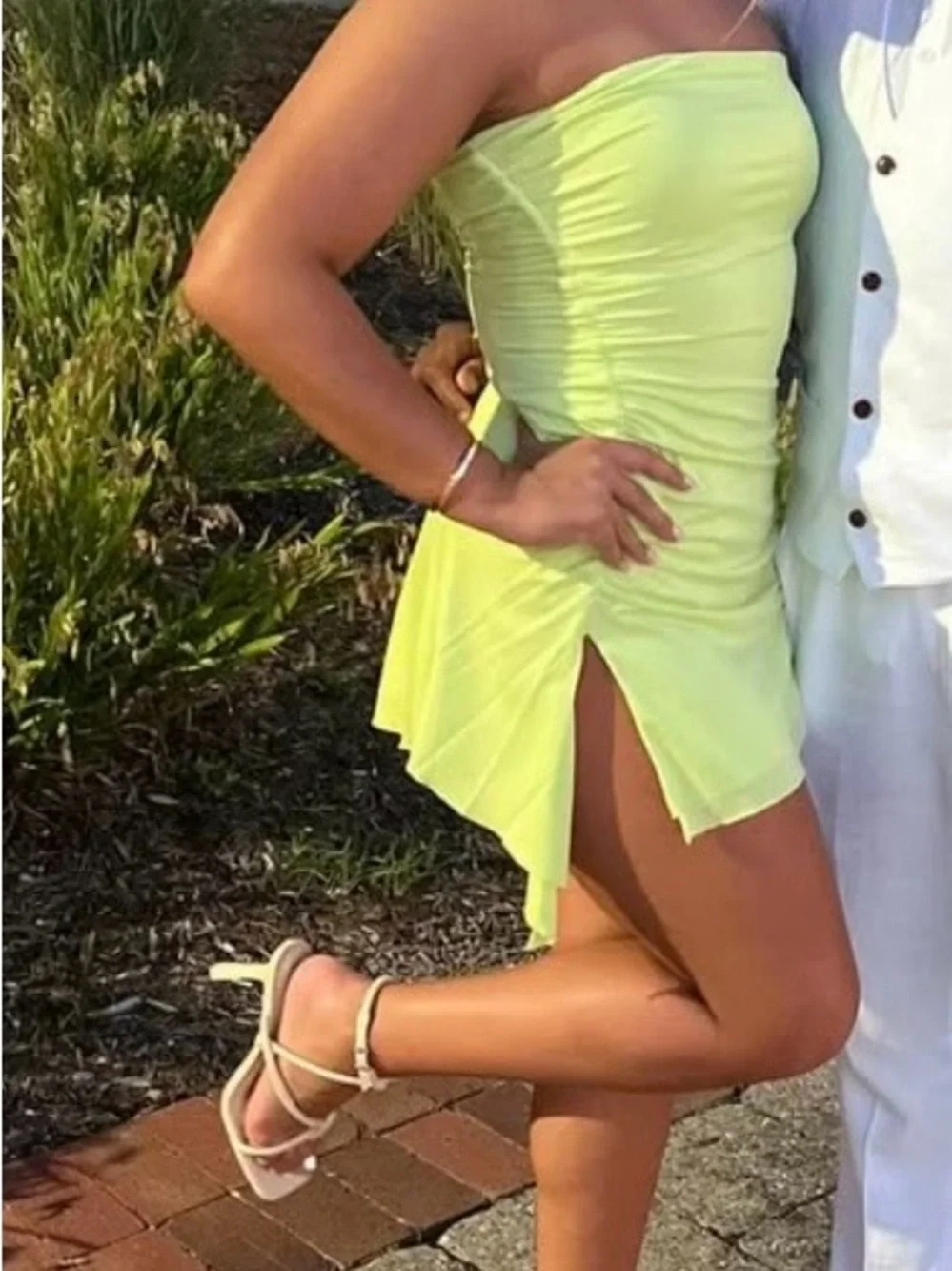 Strapless Ruched Neon Yellow Mini Dress